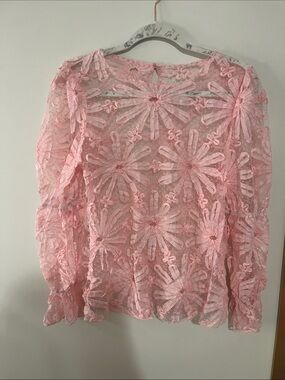 Feminine Pink Sheer Floral Lace Blouse - Women's Top